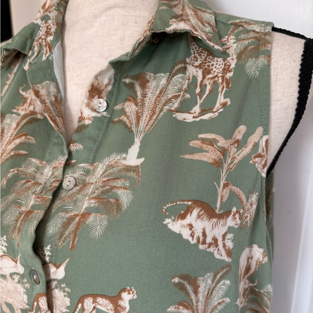Sleeveless Button-Front Tropical Animal Print Top in Sage - Picture 2 of 7